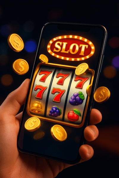 Spinning reels of an online slot machine on a mobile phone with coins and bright casino lights