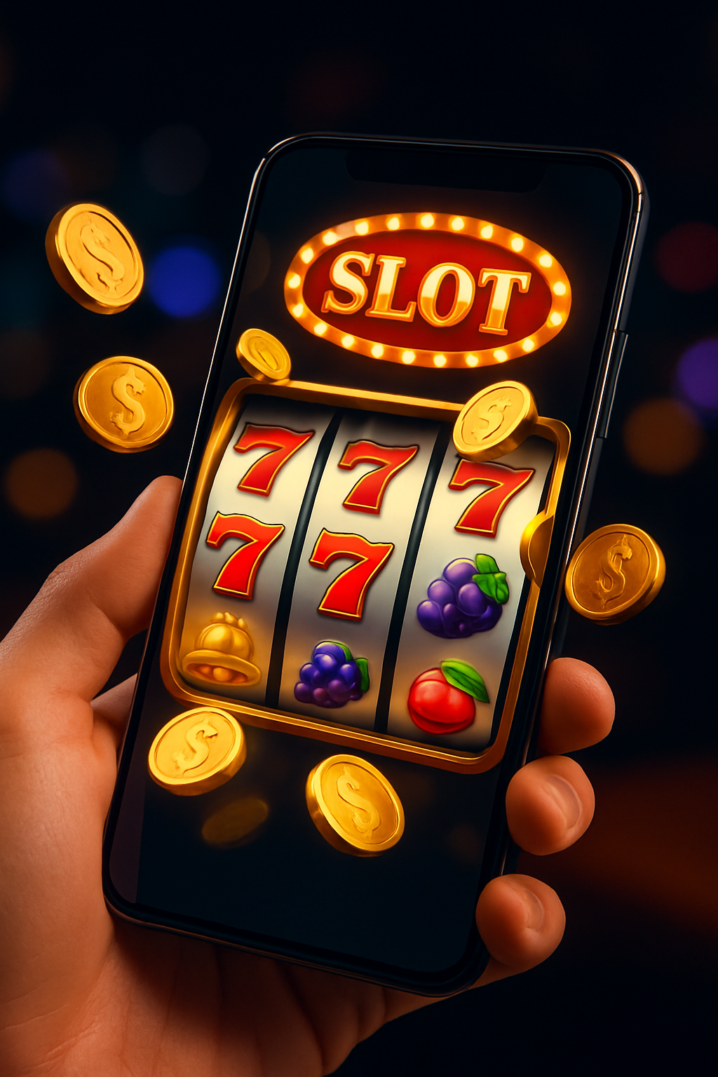 Spinning reels of an online slot machine on a mobile phone with coins and bright casino lights